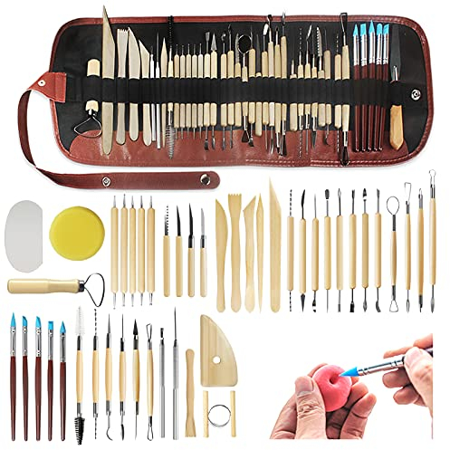 46Pcs Töpferwerkzeug Set Modellierwerkzeug Polymer Clay Werkzeug Sculpting Modellierwerkzeug Polymer-Tonwerkzeuge mit Aufbewahrungstasche für Modellbau, Schmuckherstellung, Töpfer