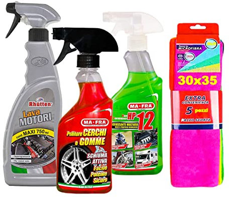 kit trattamento Auto Interno ed Esterno : Lava Motori - Hp 12 Sgrassatore Multiuso- Pulitore Cerchi e Gomme - 5 Panni 30x 35 cm