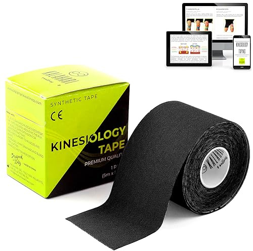 KALAHARI Bande Kinesiologie Professionnelle + eBook d’Applications en Français – Kinesio Tape à Haute Adhérence, Résistant à l’Eau et à la Sueur, K Tape pour Sport et Rééducation 5cm x 5m, NOIR