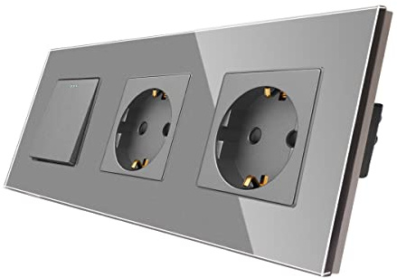 CNBINGO 1-Fach Wippschalter mit Doppelsteckdose Unterputz, Glas Grau | Lichtschalter und Schuko Steckdose, Wandsteckdose Unterputz mit Kindersicherung, Einfach Kipplichtschalter mit Glasscheibe