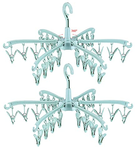 Clothes Sock Drying Hanger with 24 Clips, Foldable Hanging Rack 2psc(Green) | for Drying Socks Lingerie Baby Clothes Drying Towels Rotatable Sock Drying Rack with 24 Pegs Clips(green)