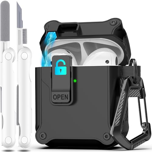 R-fun Kompatibel mit AirPods 2 Generation Hülle 2019, 1 Gen 2016 Case Cover, automatisches Pop-Up-Deckel-Design für Apple Airpods Hülle mit Reinigungsset & Schlüsselanhänger,Schwarz