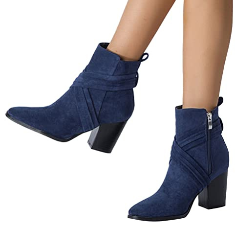ticticlily Stivaletti da Donna con Tacco Grosso Scamosciato con Ccerniera Laterale Stivali a Punta Autunno Inverno Stivali Corti Ankle Boots