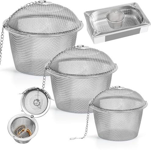 Winter Shore Panier en Inox pour Nettoyage Ultrasons [Lot de 3] - Nettoyeur Ultrason Bijoux - Bac Ultrasons pour Nettoyage d'Accessoires - Boule Rotative en Maille avec Couvercle & Chaîne à Crochet