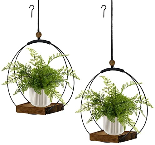 Hismocal - Set di 2 vasi da fiori per piante da interno, appendiabiti per piante nere con base in legno resistente, moderno appendiabiti in macramè bohémien, vaso da parete e soffitto (piante e