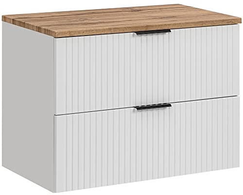 Lomadox Badezimmermöbel Waschtisch-Unterschrank 120cm weiß matt mit gerilllter Front, Wotaneiche, Waschbecken Badschrank mit 2 Softclose-Auszügen, B/H/T ca. 190,6/59,2/46,5 cm