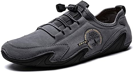 Hombres Zapatos Casuales Confort de Conducción Cuero Mocasines Gamuza Ocio Costuras a Mano Caminando Oxford Negocio Vestido Oficina Oficina（Gris,45 EU