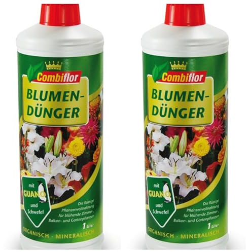 COMBIFLOR Blumendünger 7+3+6 mit Guano – 2 x 1 Liter Flüssigdünger – Universal Pflanzendünger für Zimmer-, Balkon- & Gartenpflanzen – Für kräftiges Wachstum & üppige Blüten