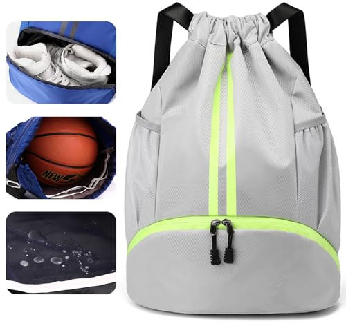 Veki Sport Rucksack mit Kordelzug, Turnbeutel Wasserdicht für Damen und Herren, Sportbeutel mit Bodenfach für Basketball, Fußball, Volleyball, Gymsack für Reisen, Fitnessstudio, Schwimmen (Grau)