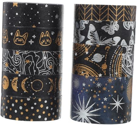 CORHAD 9 Rollen Dekorative Papier Washi Tapes Schwarz Mit Gold Und Silberfoliendruck Empfindliche Scrapbook Selbstgemacht Bänder Für Handkonten Und Bastelkunst