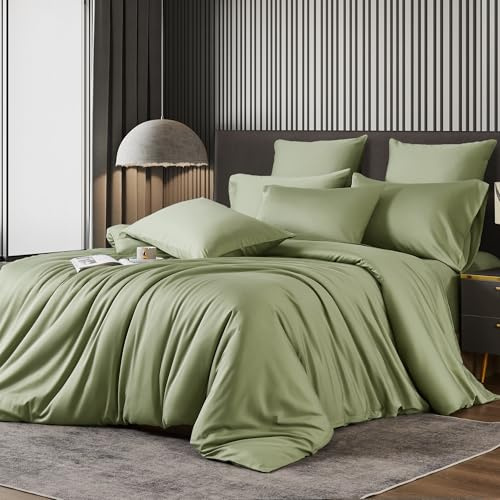 Luowei Juego de ropa de cama de verano de bambú, 155 x 220 cm, color verde, refrescante y sedoso, de 100% licra de bambú, ligera y transpirable, fundas nórdicas con cremallera y 2 fundas de almohada