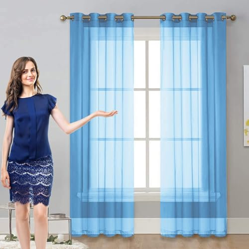 Gardinen Kurz Vorhang Stores Gardine 50 x 260 cm Transparent Wohnzimmer Luftig Dekoschal, Waschbar, Kürzbar Modern Schlaufenschal, Balkontür Gardine für Hochzeit Fenster Wohnzimmer, Himmelblau