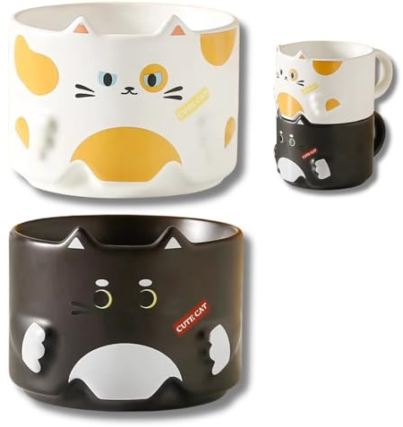 Luxxe Haus 2 Pack Cute Cat Mugs - Two Ceramic 300ml/10oz Tea Coffee Cups with Adorable Cartoon Kitten Design - Stackable Mugs Set - Great Gift for Cat Lovers & Kids (Black and White)