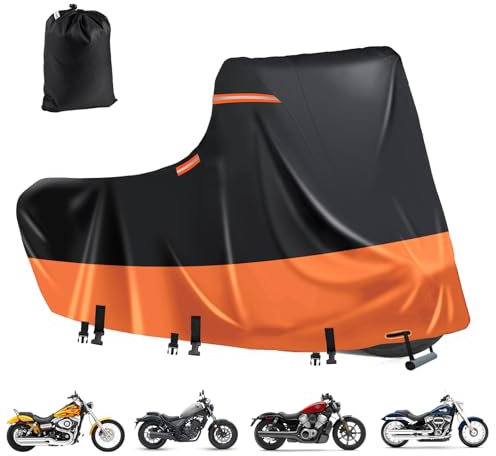 Telo di copertura per moto, impermeabile per esterni, 600D, per scooter, garage con 5 strisce riflettenti, 2 tipi di ventilazione, per scooter, antipolvere (XL, 218 x 99 x 129 cm, Nero/Arancione)