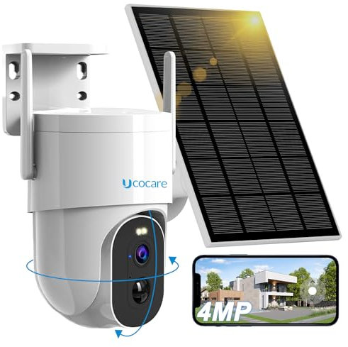 UCOCARE 4MP QHD Solar Security Camera Outdoor, 360° PTZ Camera Systems Wireless Outdoor with 5W Solar Panel & 15000mAh Battery, AI Motion Detection & Alerts, Color Night Vision, IP66
