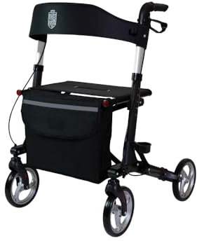 Rollator Indoor faltbar mit PU-Bereifung, Aluminium, Sitz, Lehne & Tasche – leichter 3-fach klappbarer Rollator für Zuhause, Alltag und Reisen