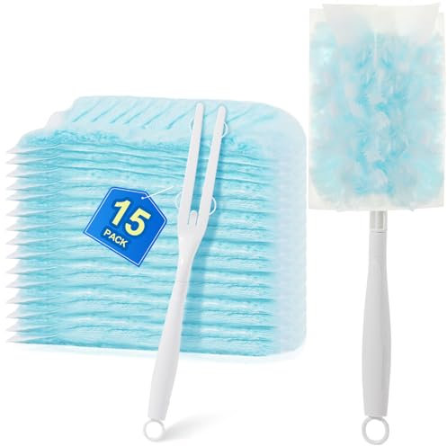 15Pack Duster Refills Compatible with Flash Dusters, Multi Surface 180 Degree Disposable Dusters Refills with Handle, Duster for Cleaning Furniture, Office, Blinds, Car
