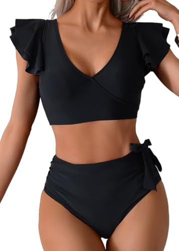 Sangdut Badeanzug Damen Bauchweg,Sexy V Ausschnitt Zweiteiliger Badeanzüge Rüschen High Waist Push Up Bademode Lace Up Bikini Swimsuit(Schwarz,M)