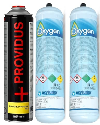 GASFRIGO® - 2 Bombole ossigeno per saldatura da 930 ml 110 bar attacco M12X1RH-IT + 1 Cartuccia per cannello propano/butano 30/70% da 330 gr - per Turbo Set 30