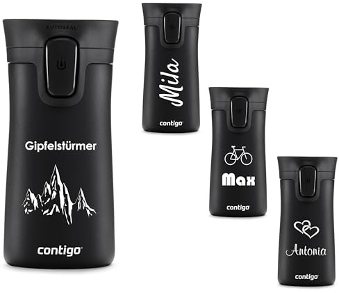 Contigo Pinnacle AUTOSEAL Gobelet isotherme en acier inoxydable avec gravure – Nom – Tasse de voyage – Tasse à café à emporter, anti-fuite, couvercle Easy Clean sans BPA, 300 ml (noir mat)