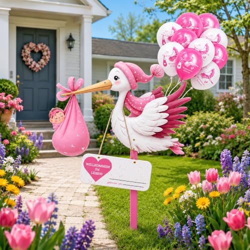 Klapperstorch Set zur,81cm hoch storch,10Pcs Neugeborene Balloon,Großer niedliche Holz Klapperstorch,Beidseitig Bedruckt,Holzstab+ Namensschild Grußkarte