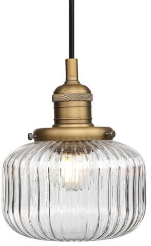 Phansthy Vintage Pendelleuchte E27 Industrielle Hängeleuchte mit Kürbisform gestreiftem Klarglas Lampenschirm Hängelampe Deckenleuchte Flur Schlafzimmer Wohnzimmer Küche Badezimmer etc(Antike Farbe)