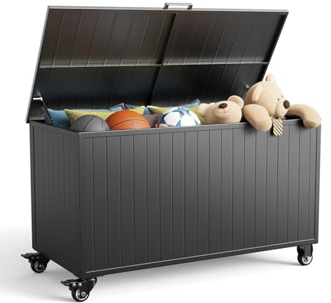 RICNOD Outdoor Storage Box with Wheels 150 Gallon, Mobile Aluminum Deck Boxes Outdoor Waterproof, UV Resistant Patio Storage Box with Lid for Patio Furniture, Garden Tools, Outdoor Cushion(Blank)