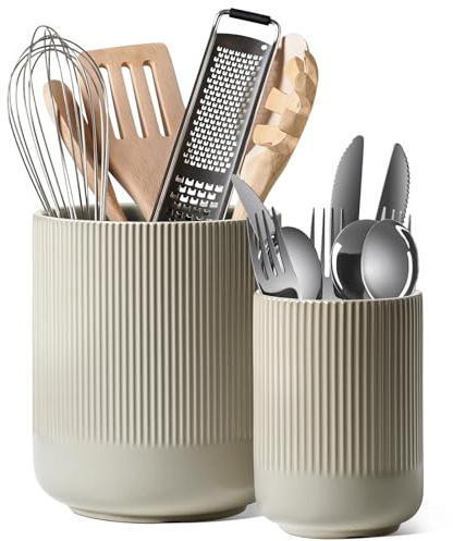 LE TAUCI Utensil Holder, 18.5+14cm Ceramic Kitchen Utensils Holder, Large Cooking Utensil Pots for Kitchen Counter, Morden Utensil Organizer for Spatula, Set of 2, Oatmeal Greige