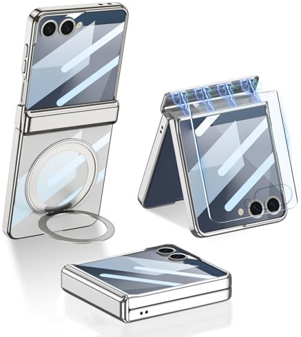 Magnetiskt fodral för Samsung Galaxy Z Flip 7 med ringstativ och skärmskydd och magnetiskt gångjärnsskydd, [stöder trådlös laddning] transparent stötsäkert fodral för Z Flip 7 (silver)
