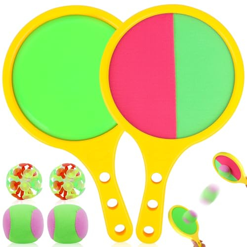 Cattura Racchette Palline Set Racchettoni Giochi Spiaggia Toss e Cattura Gioco Della Palla Racchette con Pallina Che Si Attacca Bambini Catch Ball e Toss Game con 2 Pagaie e 4 (Giallo, giallo)