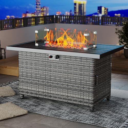 LHBcraft 44 Inch Propane Fire Pit, 50000 BTU Fire Pit Table with Glass Wind Guard and Lid, Gas Fire Pits for Outside Patio and Garden(Grey)