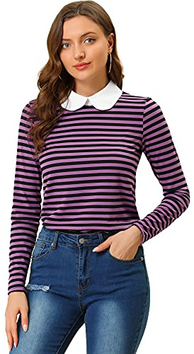 Allegra K Maglione Lavorato a Maglia a Righe Donna Maniche Lunghe Leggero Girocollo a Contrasto Peter Pan Blusa Top Viola Nero S