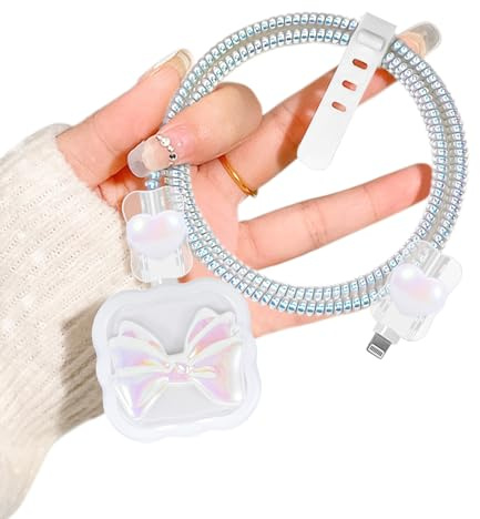 DiyGody Protector Set Compatible for iPhone 20W Charger Plug, Phone Charger Protective Cover for UK Apple Type-C/L Power Adapter, Data Cable Case Wire Saver with Cute Design for Girls, Glitter Bow