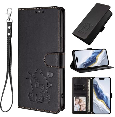 TUUNKMUY för Cricket Magic 2 5G fodral, flip PU-läder, präglad katt, stötsäker, bokplånboksfodral med stativ, magnetisk folio, TPU-stötfångare, gel, skyddande telefonskydd för Cricket Magic 2 5G svart
