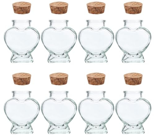 TOYZFRIENDY Frascos de Vidrio Transparentes en Forma de Corazón 50 Ml con Tapón de Corcho Mini Botellas Decorativas para Deseos y Manualidades Set de 8 Piezas para Fiestas Bodas y Regalos