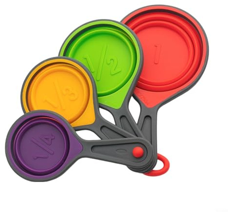 Silicone Measuring Cups and Spoons Set, 4-Piece Collapsible Portable for Baking and Coffee, Dishwasher Safe, Red Green Yellow Purple