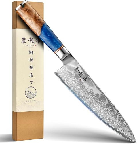 Atumuryou Japanisches Kochmesser 20cm, Damastmesser mit VG10 Stahlkern | 67 Lagen handgeschmiedeter Damaszenerstahl, Ultrascharfes Profi-Messer, für Küche & Gastronomie, Resin-Holzgriff, Geschenkbox