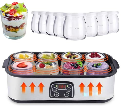 Máquina para Hacer Yogur, máquina para Hacer Yogur Digital de 1400 ml con 8 frascos de Vidrio, máquina para Hacer Yogur eléctrica multifunción con Pantalla LCD, para Hacer postres caseros Frescos