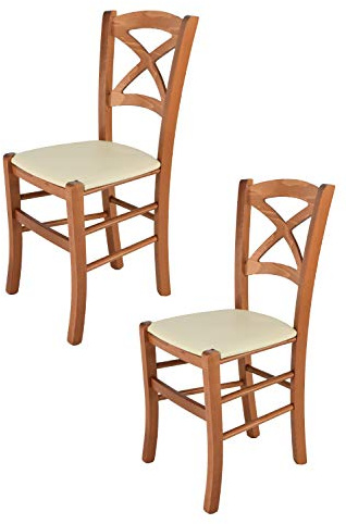 t m c s Tommychairs - Set 2 sillas Cross para Cocina y Comedor, Estructura en Madera de Haya Color Cerezo y Asiento tapizado en Polipiel Color Marfil
