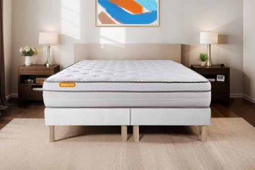 Septnuits Matelas 180x200 + Double sommiers 90x200 Memo Luxe Ressorts ensachés + mémoire de Forme 5 Zones de Confort Maxi épaisseur | Epaisseur : 26 cm | Confort : Equilibré