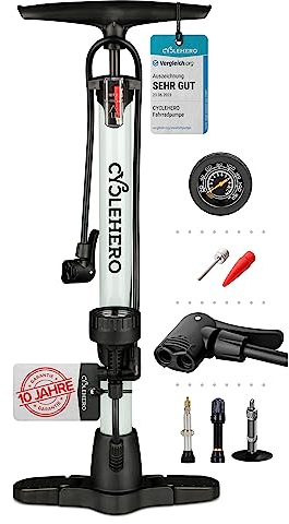 Fahrradpumpe alle Ventile * Test SEHR GUT - 10 Jahre GARANTIE * Leistungsstarke Luftpumpe Fahrrad– Fahrradpumpe Französisches Ventil - Standpumpe mit Manometer - Pumpe Standluftpumpe