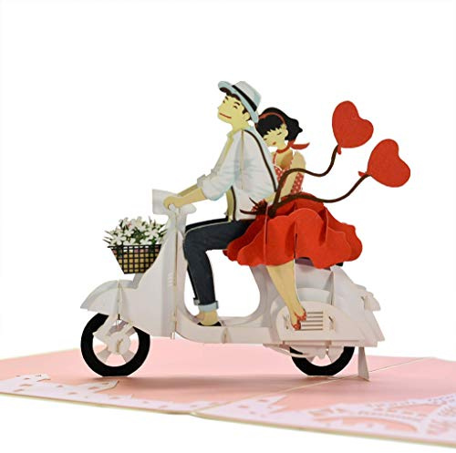 CUTE POPUP Pop-Up-Karten zum Hochzeitstag mit romantischem Paar auf der Vespa, 1. Hochzeitstag, Valentinstagskarte, Thinking of You-Karte, überraschendes Geschenk für Paar, Ehefrau oder Ehemann