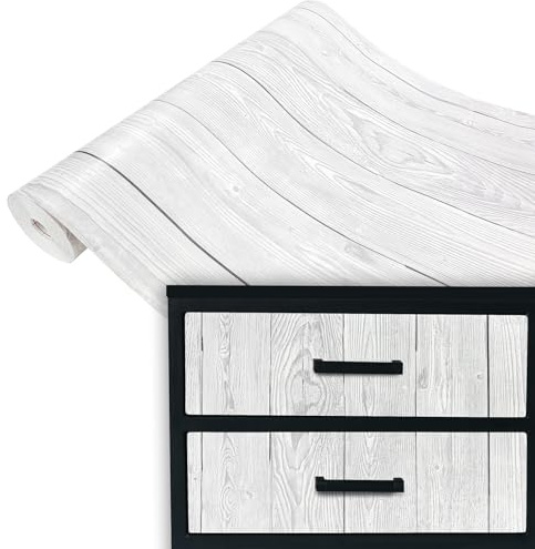 Klebefolie Möbel 45x100 cm | Selbstklebende Möbelfolie in Holzoptik - wasserfest und zuschneidbar | Folie für Möbel ideal zum Renovieren von Schränken und Arbeitsplatten | Weiße Holzbretter Maserung