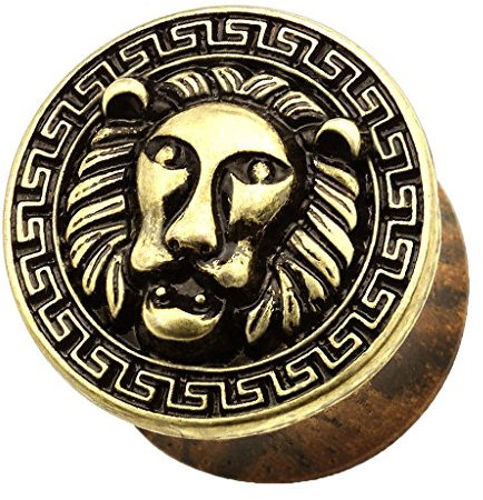 Taffstyle Ohr Plug Flesh Tunnel Piercing Ohrpiercing Organischer Holz Antik mit Löwe vergoldet Gold 16mm