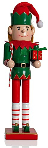 Ornativity Christmas Elf Holiday Nutcracker – Red and Green Wooden Elf with Candy Cane and Gift Box Xmas Themed Holiday Nut Cracker Figure Decorations 15