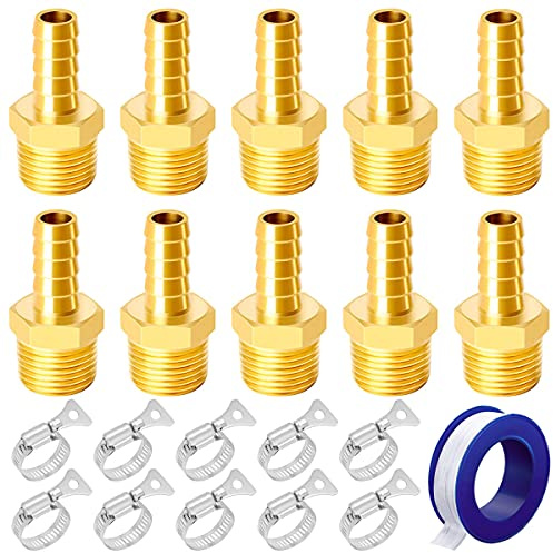 Youmile 10PCS Brass Hose Barb Fittings 3/8 Inch(10mm) Barb x 1/4 NPT Male Barb Fitting Union Adapter for Water/Fuel/Air with 10PCS Hose Clamp, Thread Seal Tape