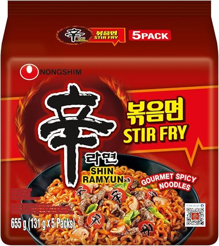 Nong Shim Instantnudeln Shin Ramyun Stir Fry - Koreanische Ramen Nudelsuppe scharf würzig - schnelle Zubereitung - 1er Multipack - 5 x 131g | Asiatisches Nudelgericht mit scharf-würzigem Shin-Geschmack I Fertiggericht als schnelle Mahlzeit zwischendurch