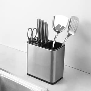 Tuzsocr Syfunlv Messerblock ohne Messer, Küchenutensilienhalter für Arbeitsplatte, mit 7 Schlitzen und Ablauf Design Messerblock Utensilienhalter Edelstahl 20 x 18,5 cm für Restaurantküche