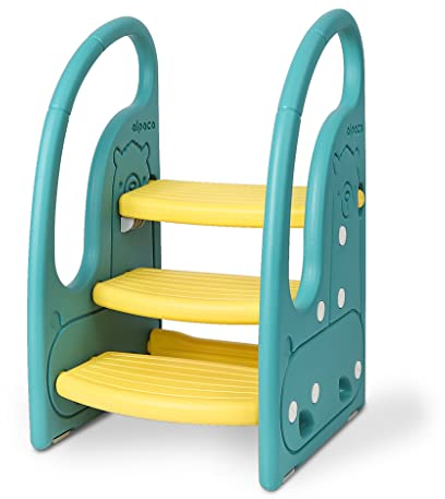 Onasti Tritthocker für Kinder, Dreistufiger Höhenverstellbar Tritt-Schemel Kinderschemel für Baby, Bequemer Handslauf, Multifunktion, Anti-Rutsch, Ab ca. 1.5 bis ca. 6 Jahre -, (Grün)