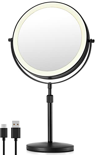 OMIRO 3X/10X Vergrößerungs Make-up Spiegel mit Lichtern, 8,5 Zoll doppelseitiger schwenkbarer Kosmetikspiegel mit höhenverstellbarem Ständer (Schwarz)
